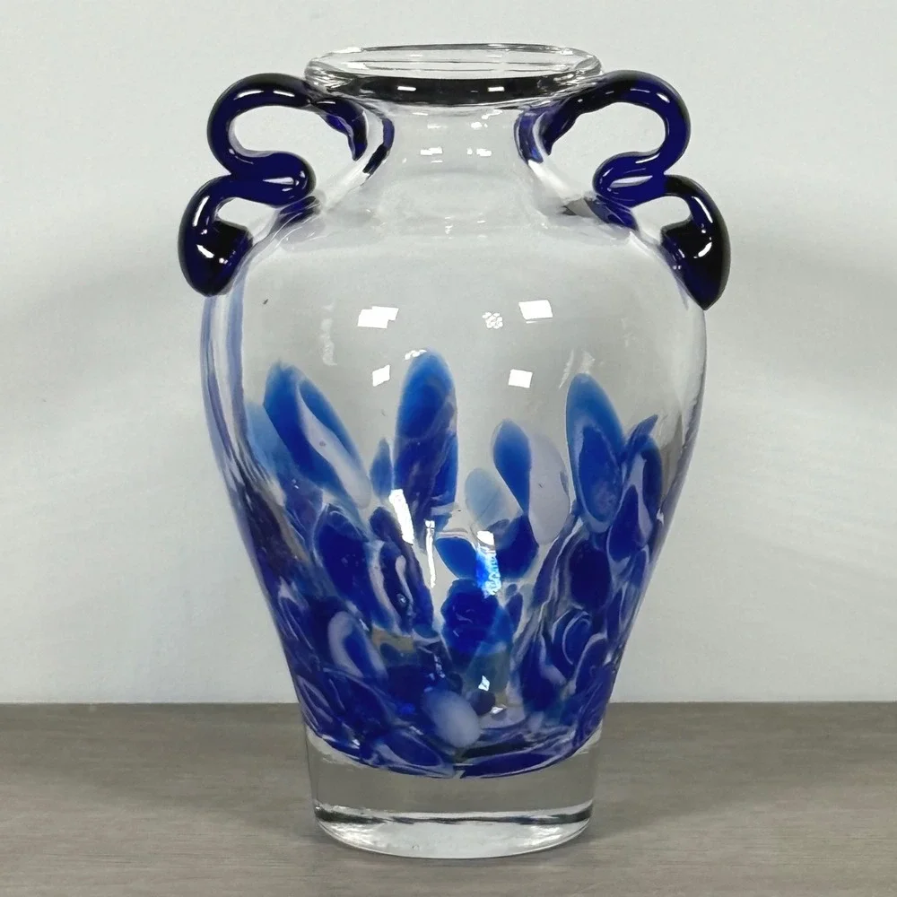 Vintage Italian Art Glass Vase Blue White Pulled Decoration Cobalt Handles 7.5